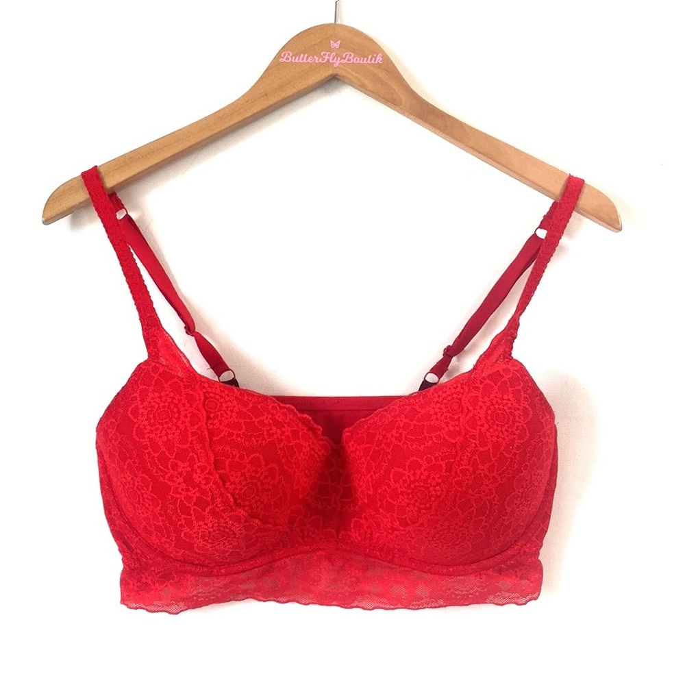 (A55) Victorias Secret PINK Lace Padded Push Up Bralette Bra Red, Sz L DD)/G(DD)
